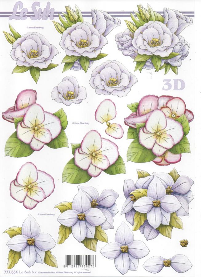 Feuille 3D fleurs : Feuille 3D fleurs blanche et violette pour découpage