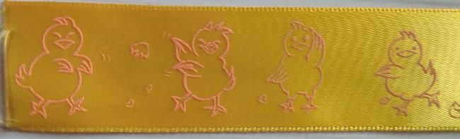 Rubans satin jaune motif poussin 25 mm