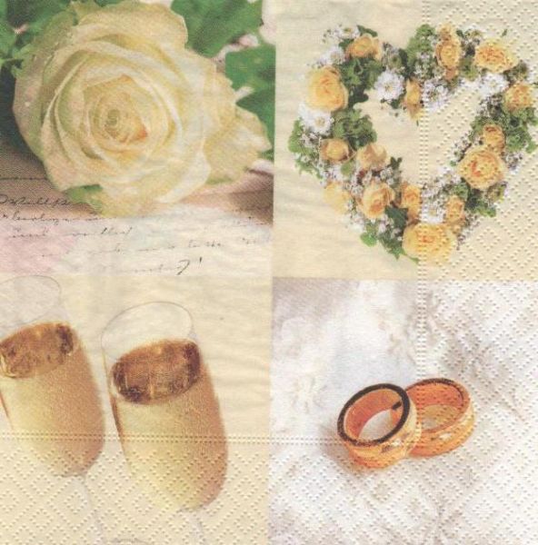 Serviette papier mariage fleurs et alliances 33 cm x 33 cm