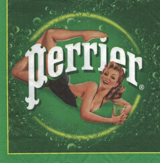 Serviette papier pub "Perrier" et jeune femme - 33 cm x 33 cm 3 plis