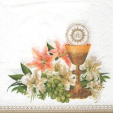 Serviette papier communion + calice + fleurs 33 cm x 33 cm 