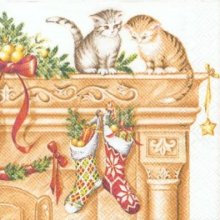Serviette papier Chaton de Noël sur cheminée 25 cm X 25 cm 