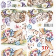 Feuille 3D chat et fleurs