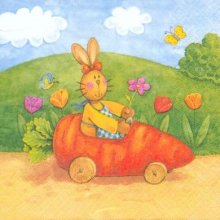 Serviette papier motif lapins de Paques et voiture carotte